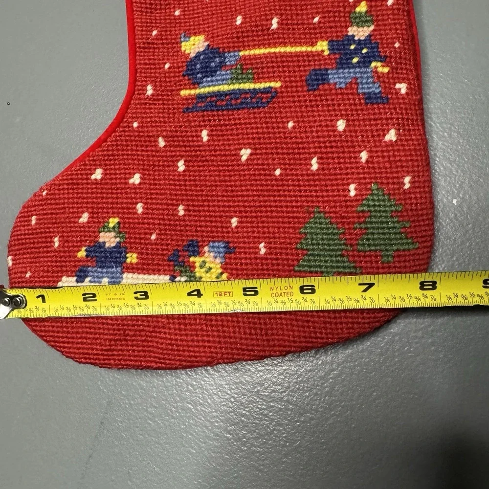 Vintage Needlepoint Christmas Stocking Wool Red Velvet Winter Sports Sled Ski #2